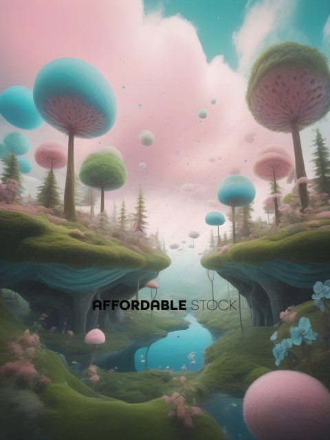 A fantasy landscape with mushrooms and trees
