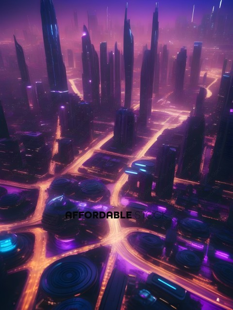 A futuristic cityscape with purple lights