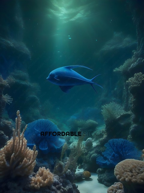A blue fish swims through a coral reef