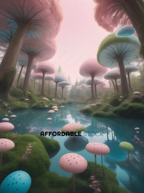 A fantasy world with mushrooms and trees