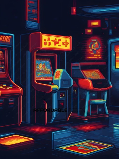 A row of video game machines in a dark room