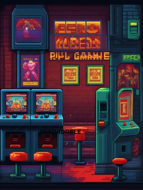 A colorful arcade game with a red and blue color scheme