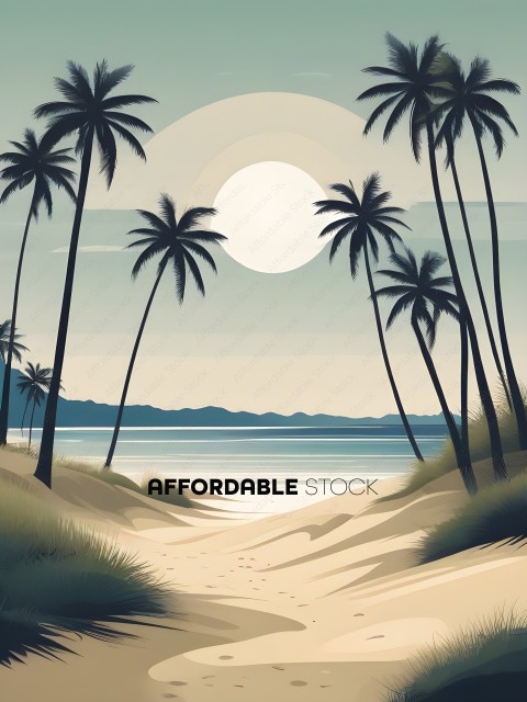 A beach scene with palm trees and a full moon