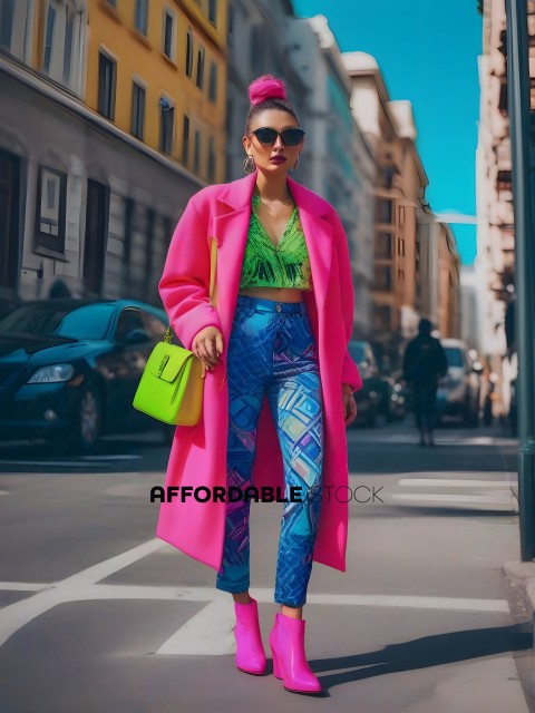 A woman in a pink coat and blue pants walks down a city street