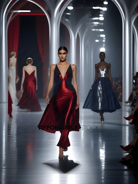 A model wearing a red dress walks down a runway