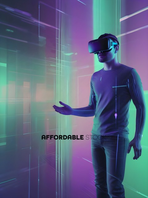 A man wearing a grey shirt and jeans is wearing a VR headset