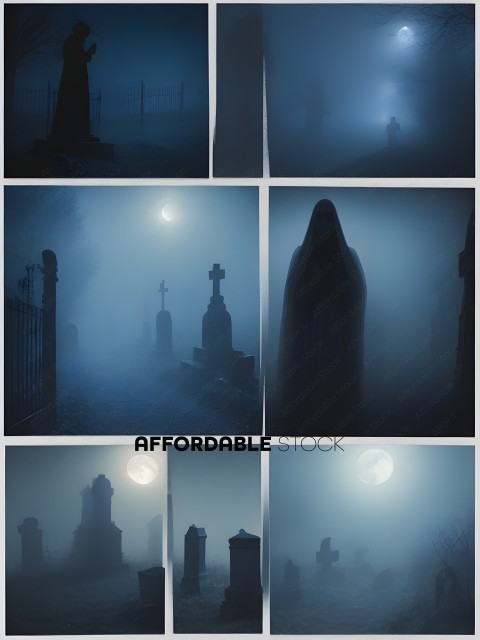 A collage of photos of a graveyard at night