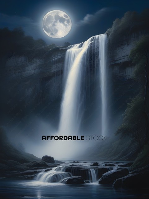 A waterfall with a full moon in the background