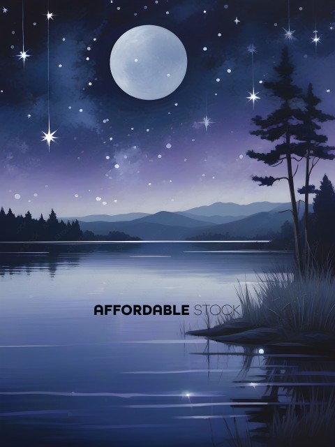 A nighttime scene of a lake with a full moon and stars