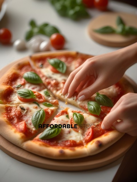 A person is cutting a pizza with basil and tomatoes