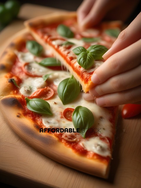 A slice of pizza with basil and cheese
