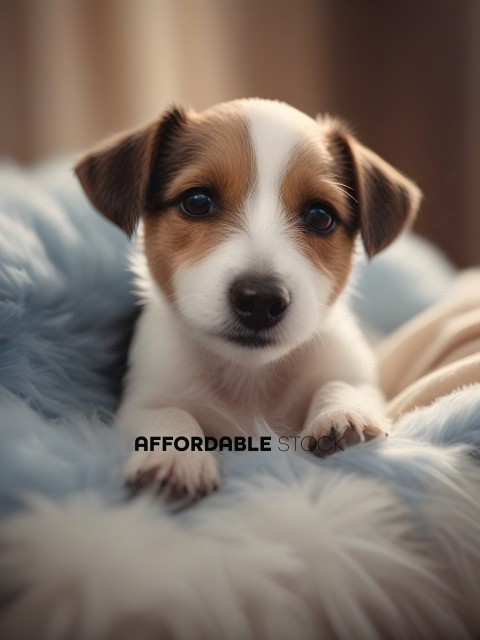 A small brown and white dog sitting on a blue blanket