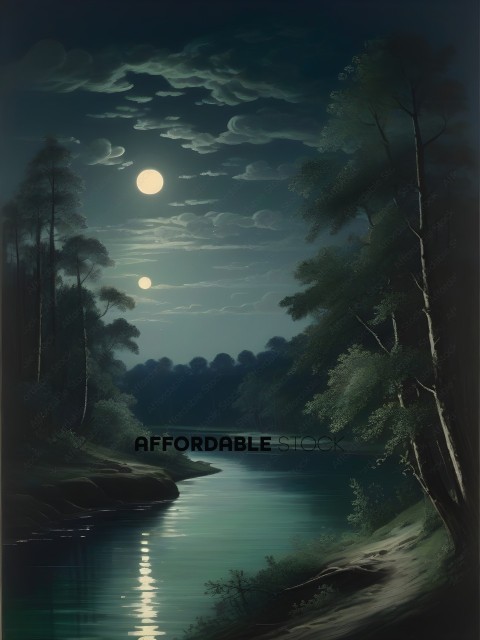 A painting of a forest at night with two moons