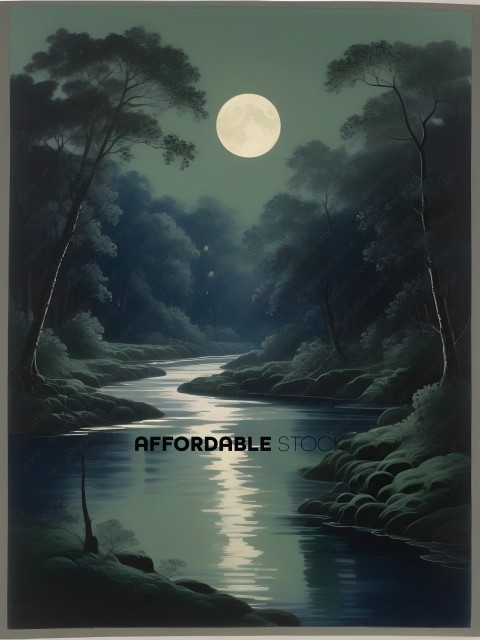 A painting of a forest at night with a full moon