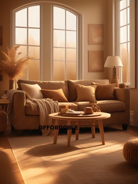 A cozy living room with a tan couch and table