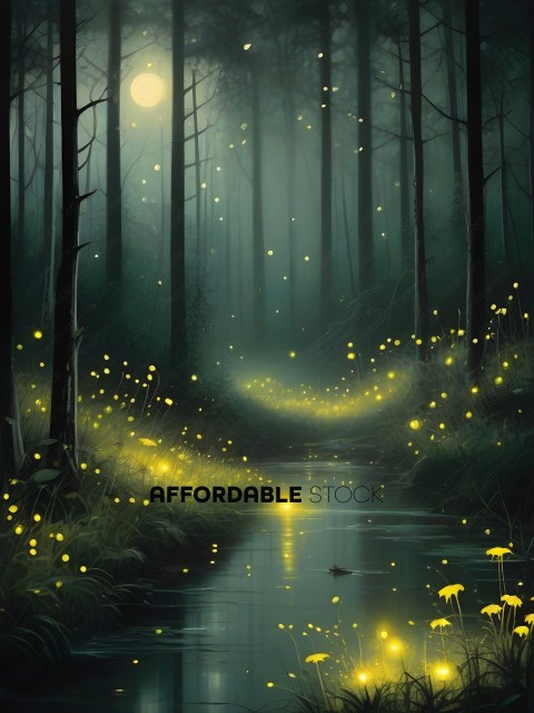 A painting of a forest at night with a river and a path of light