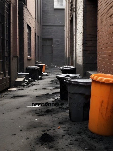 Orange Trash Cans Lined Up Along Sidewalk