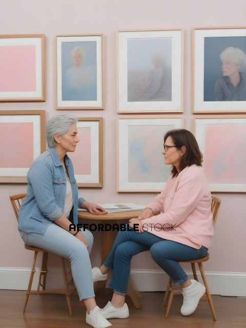 Two women sitting at a table in front of artwork