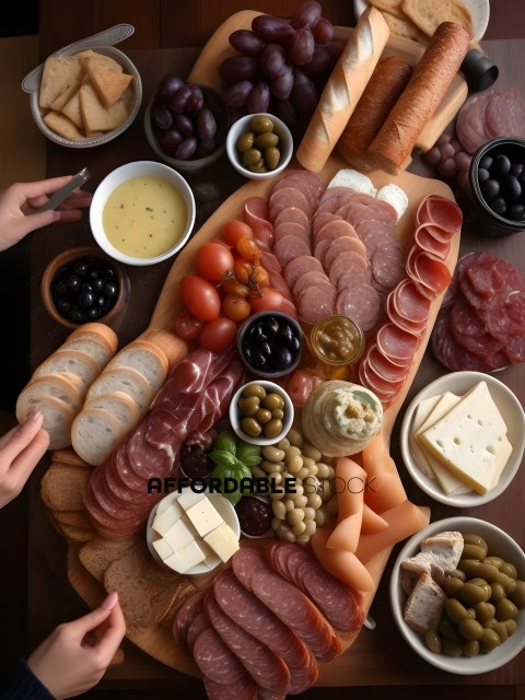 A variety of foods including bread, cheese, olives, and meat