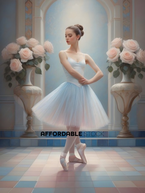 A Ballerina in a White Dress and Pink Skirt Poses for a Picture