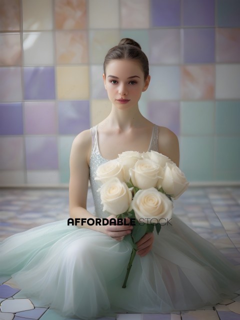 A young ballerina holding a bouquet of white roses