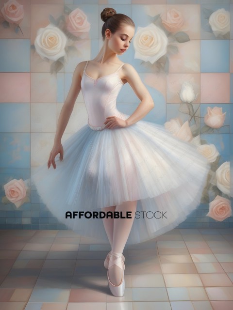 A young ballerina in a white tutu and pink tights