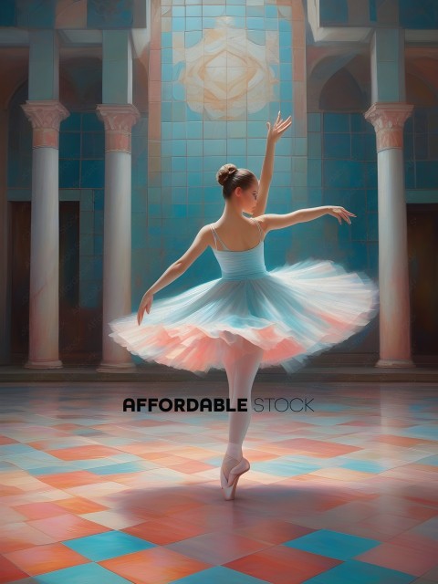 A ballerina in a blue dress and pink skirt