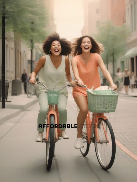 Two Women Riding Bikes on a Street