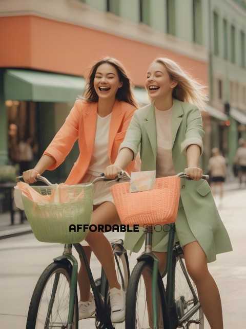 Two women wearing brightly colored coats and dresses are riding bicycles