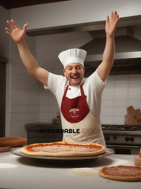 A chef wearing a red apron is smiling and showing off a pizza