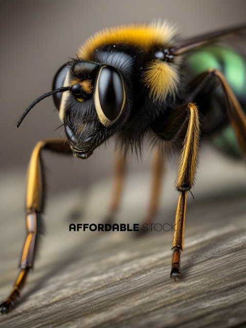 A close up of a bee with a yellow stripe on its head
