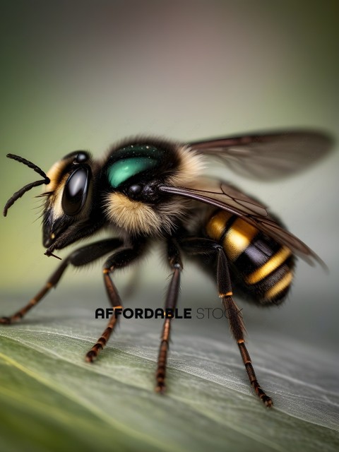 A close up of a bee with a green spot on its head