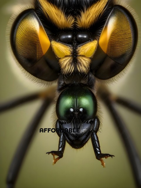 A close up of a bee's face with its legs outstretched