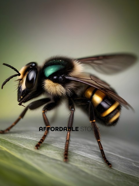 A close up of a bee with a green eye