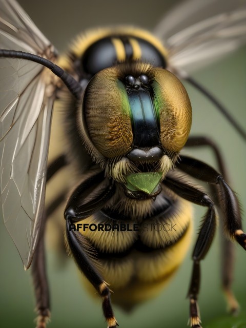 A close up of a yellow and black bee with a green spot on its face