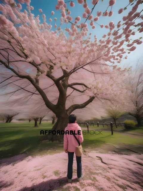A woman standing under a tree with pink flowers