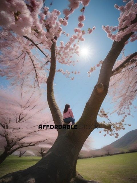 A woman sitting in a tree with pink blossoms