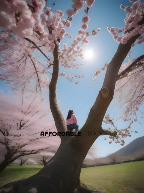 A woman sitting in a tree with pink blossoms