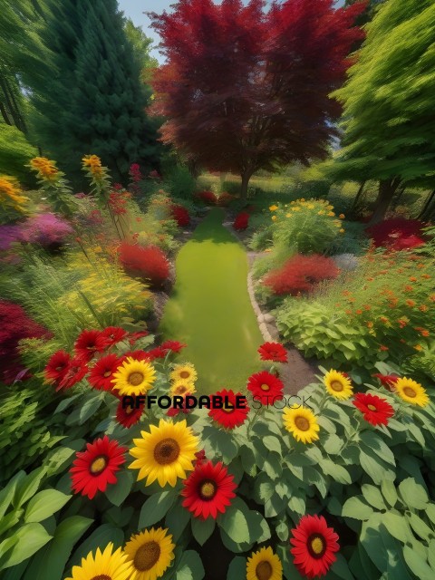 A vibrant garden with a pathway and a variety of flowers