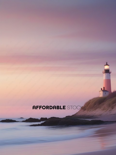A lighthouse on a rocky coast at sunset