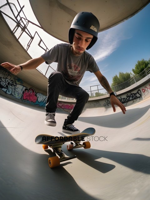 Skateboarder in a skate park doing a trick