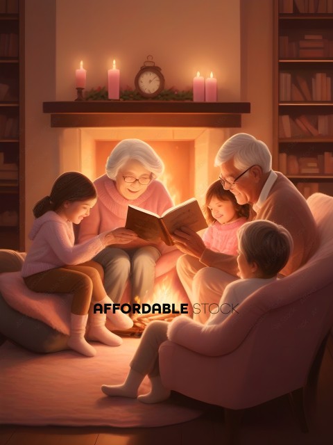 A family of four, including a grandmother, are sitting around a fireplace, reading a book together
