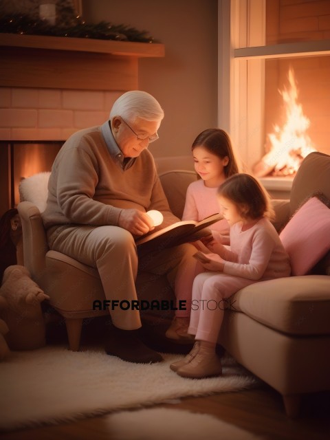 An elderly man reads a book to two young girls