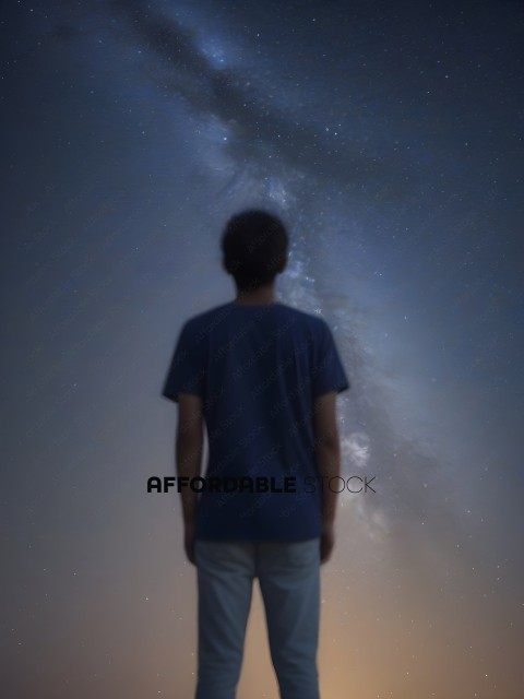 A man looking at the stars with a blue shirt on