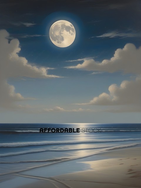A beautiful painting of a beach at night with a full moon