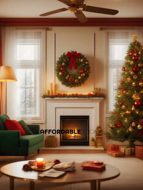 A Christmas tree and fireplace in a living room