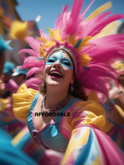 Woman in colorful costume with feathered headpiece