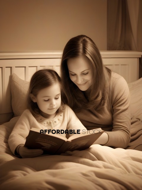 A mother and daughter read a book together in bed