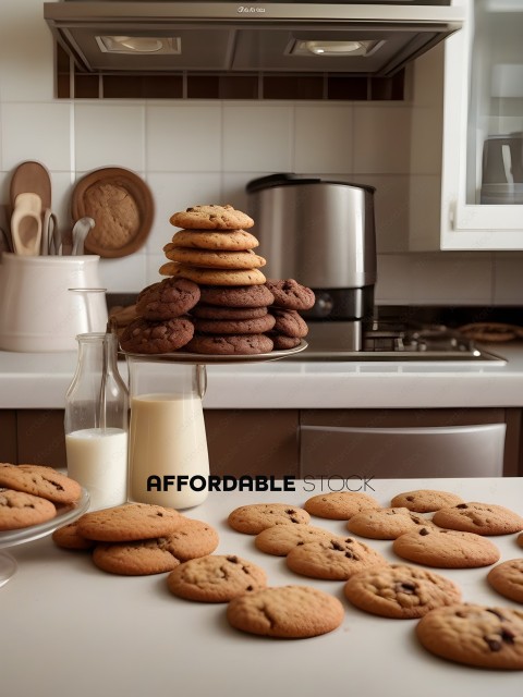 A stack of chocolate chip cookies with milk