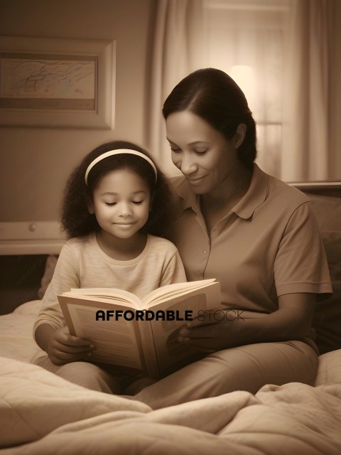 A mother and daughter read a book together